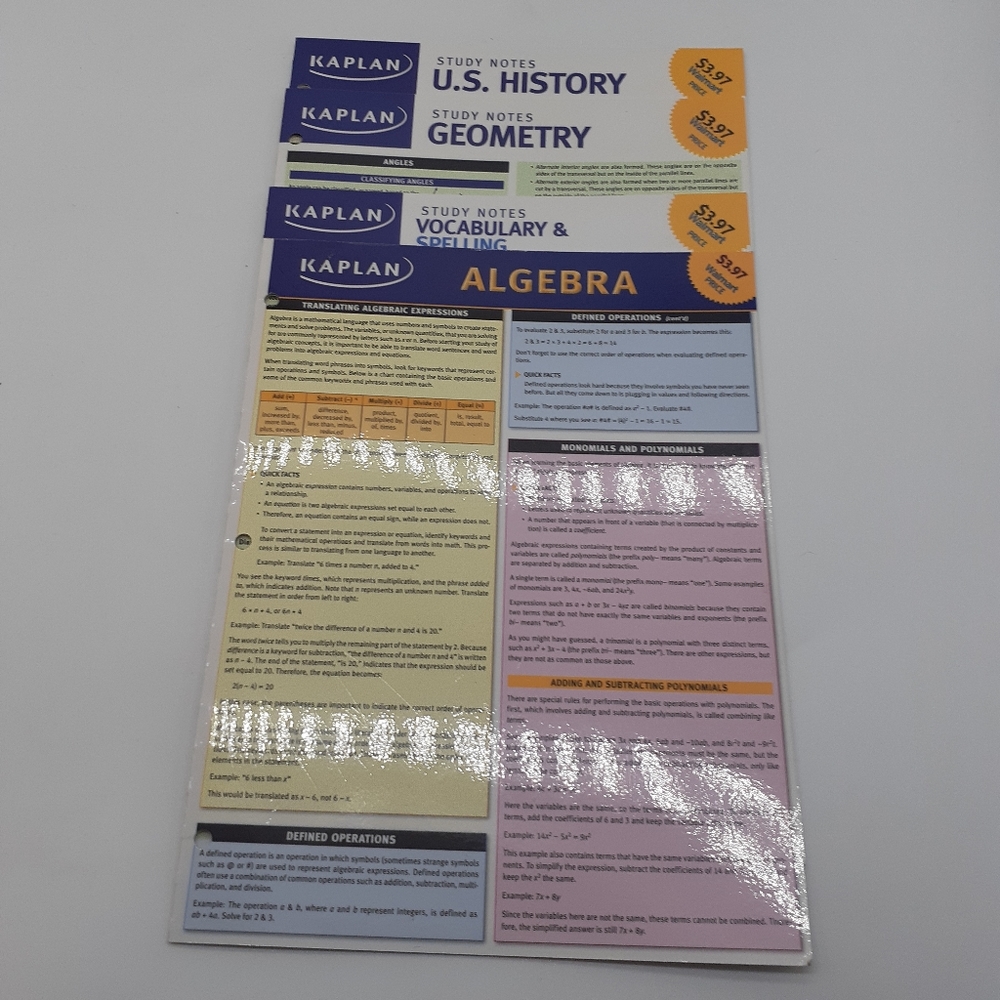 Kaplan Study Notes Algebra Geometry U.S. History Vocabulary Spelling Set Of 4